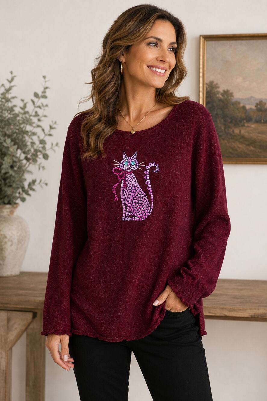 Bob Mackie Wearable Art XL Burgundy Metallic Cat Embroidered Sweater Tunic Top
